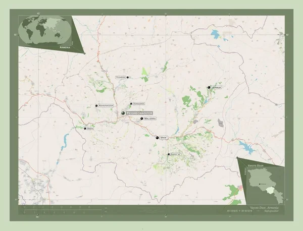Vayots Dzor 亚美尼亚省 开放街道地图 该区域主要城市的地点和名称 角辅助位置图 — 图库照片