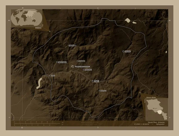 Vayots Dzor Provincie Arménie Zdvihová Mapa Zbarvená Sépiovými Tóny Jezery — Stock fotografie