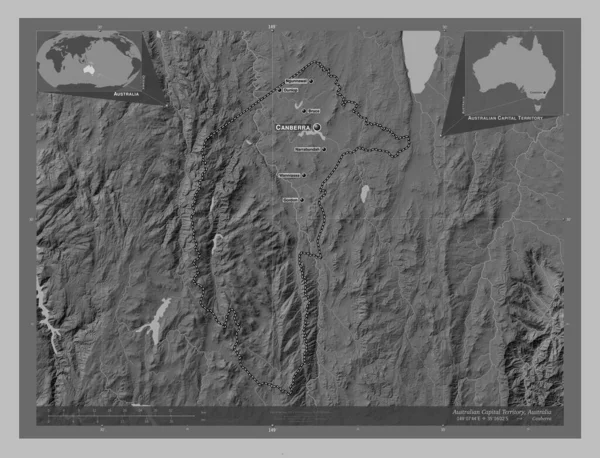 Australian Capital Territory Territory Australia Grayscale Elevation Map Lakes Rivers — Stock Photo, Image