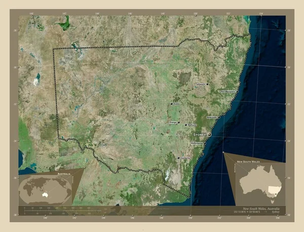 ニューサウスウェールズ州 オーストラリア州 高解像度衛星地図 地域の主要都市の位置と名前 コーナー補助位置図 — ストック写真