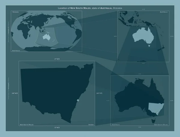 ニューサウスウェールズ州 オーストラリア州 大規模な地図上の領域の位置を示しています しっかりとした背景にベクトルフレームとPng形状の構成 — ストック写真