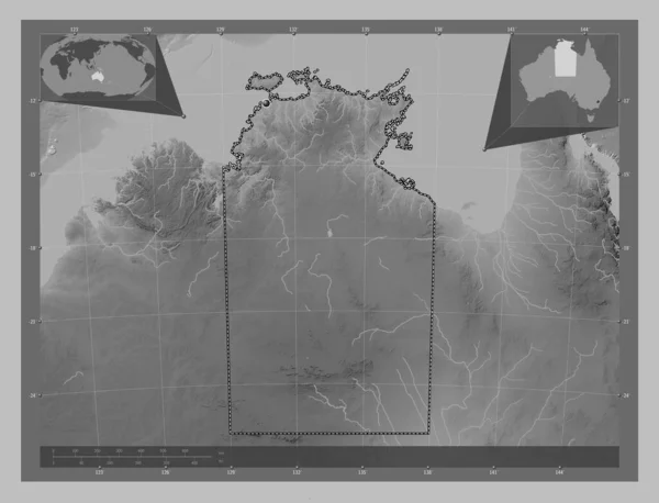北部领土 澳大利亚领土 带有湖泊和河流的灰度高程图 角辅助位置图 — 图库照片