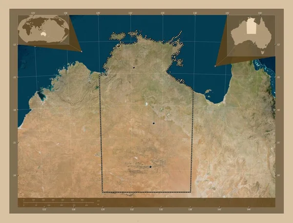 Northern Territory, territory of Australia. Low resolution satellite map. Locations of major cities of the region. Corner auxiliary location maps