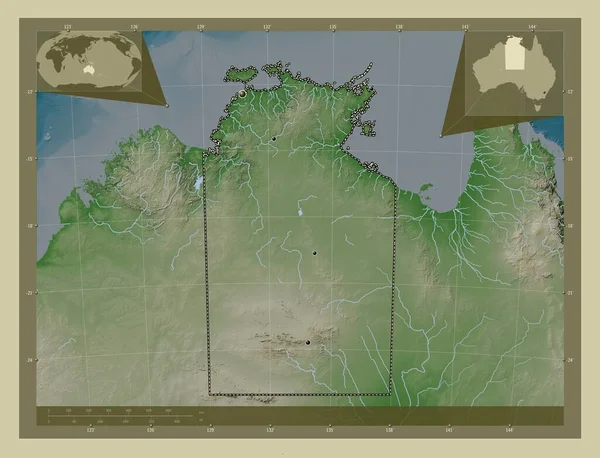 北部领土 澳大利亚领土 用Wiki风格绘制的带有湖泊和河流的高程地图 该区域主要城市的所在地点 角辅助位置图 — 图库照片