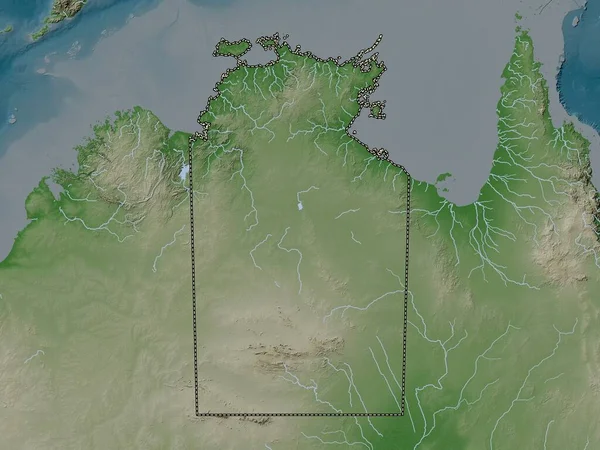 Northern Territory, territory of Australia. Elevation map colored in wiki style with lakes and rivers