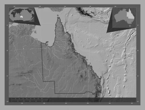 Queensland Staat Australië Hoogteplattegrond Met Meren Rivieren Locaties Van Grote — Stockfoto