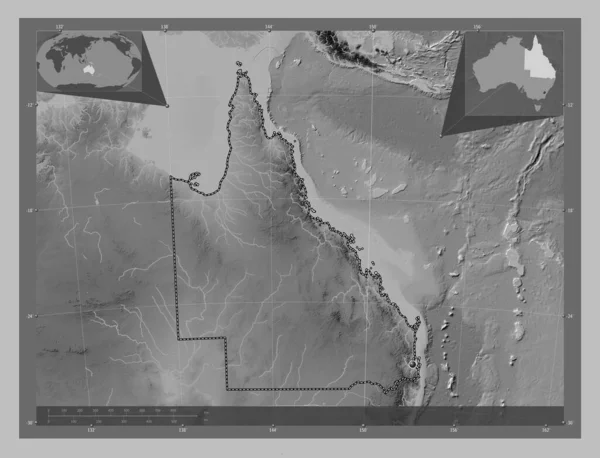 Queensland State Australia Grayscale Elevation Map Lakes Rivers Corner Auxiliary — Stock Photo, Image