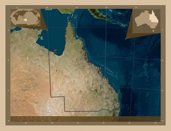 オーストラリアのクイーンズランド州 低解像度衛星地図 地域の主要都市の場所 コーナー補助位置図 — ストック写真