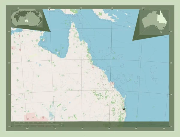 Κουίνσλαντ Πολιτεία Της Αυστραλίας Χάρτης Του Δρόμου Γωνιακοί Χάρτες Βοηθητικής — Φωτογραφία Αρχείου