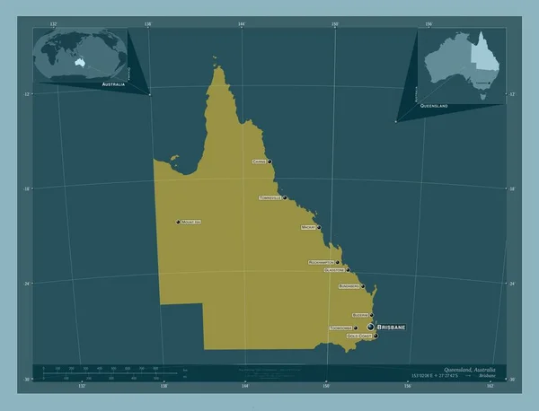 オーストラリアのクイーンズランド州 しっかりした色の形 地域の主要都市の位置と名前 コーナー補助位置図 — ストック写真