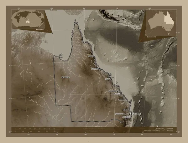 Queensland Delstaten Australien Höjdkarta Färgad Sepiatoner Med Sjöar Och Floder — Stockfoto