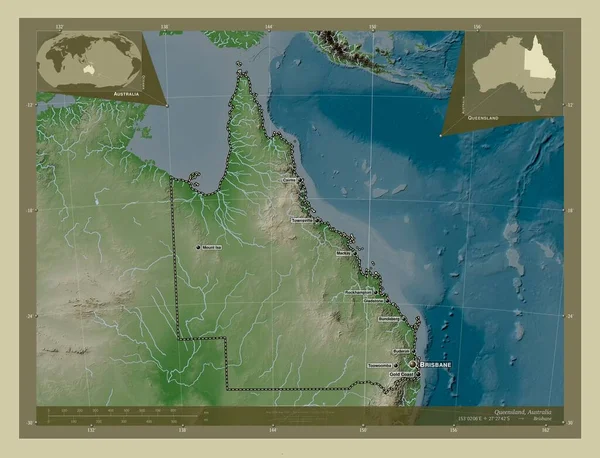 Κουίνσλαντ Πολιτεία Της Αυστραλίας Υψόμετρο Χάρτη Χρωματισμένο Στυλ Wiki Λίμνες — Φωτογραφία Αρχείου