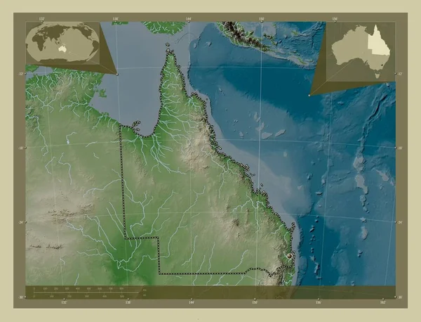 Queensland Staat Australië Hoogtekaart Gekleurd Wiki Stijl Met Meren Rivieren — Stockfoto