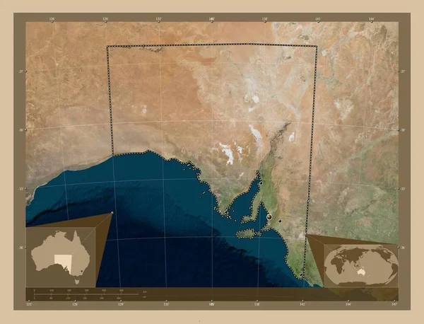 南オーストラリア州 オーストラリア州 低解像度衛星地図 地域の主要都市の場所 コーナー補助位置図 — ストック写真
