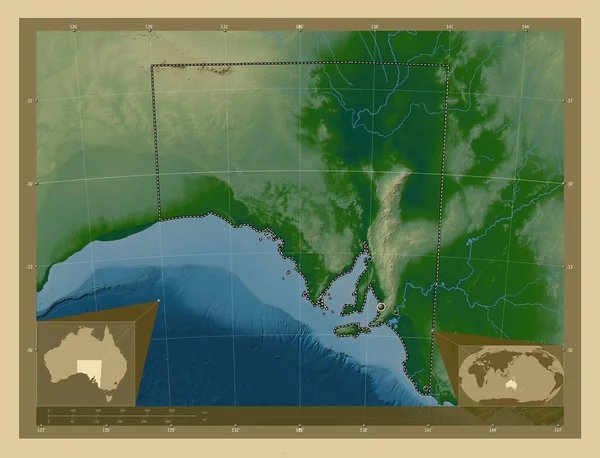 Zuid Australië Staat Australië Gekleurde Hoogtekaart Met Meren Rivieren Locaties — Stockfoto