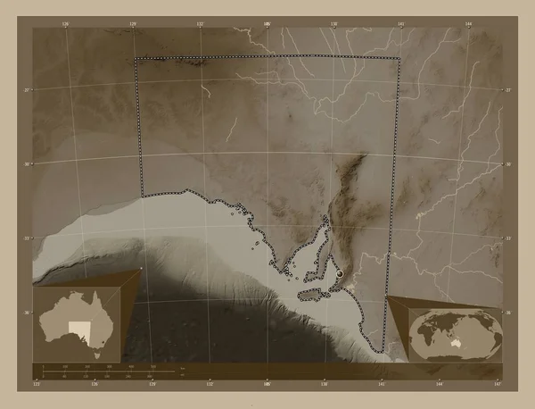 Zuid Australië Staat Australië Hoogtekaart Gekleurd Sepia Tinten Met Meren — Stockfoto