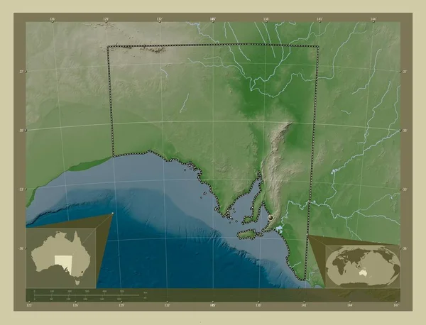 南澳大利亚 澳大利亚州 用Wiki风格绘制的带有湖泊和河流的高程地图 角辅助位置图 — 图库照片