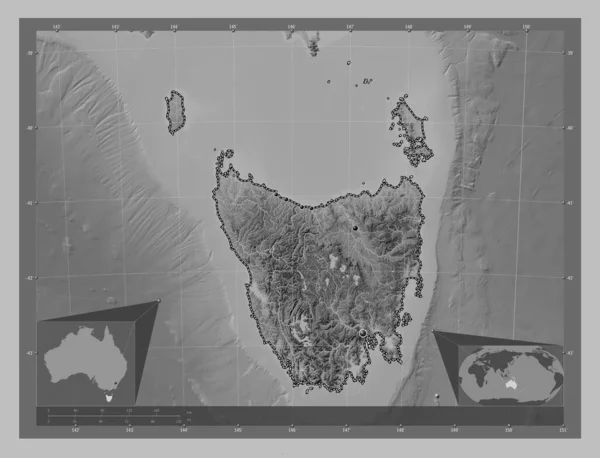 Tasmania State Australia Grayscale Elevation Map Lakes Rivers Locations Major — Stock Photo, Image