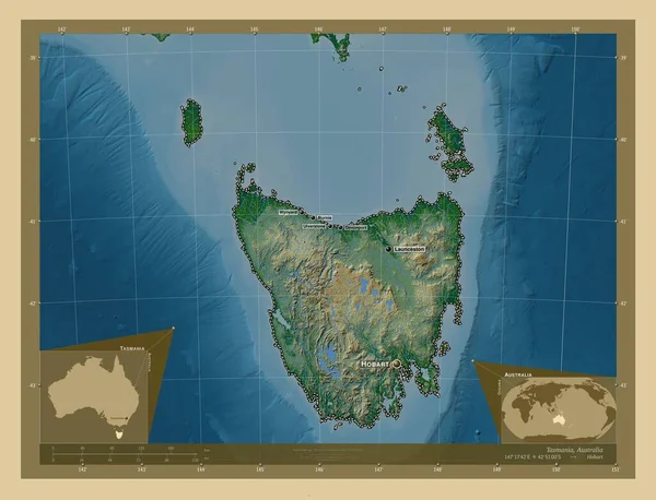 タスマニア オーストラリアの州 湖や川と色の標高マップ 地域の主要都市の位置と名前 コーナー補助位置図 — ストック写真