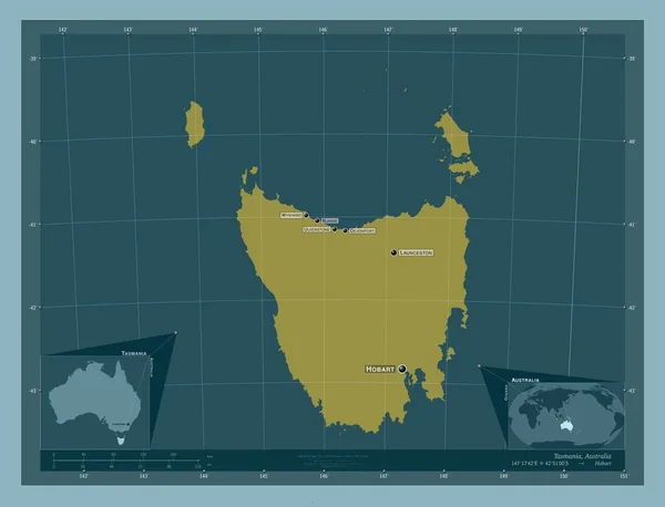 タスマニア オーストラリアの州 しっかりした色の形 地域の主要都市の位置と名前 コーナー補助位置図 — ストック写真