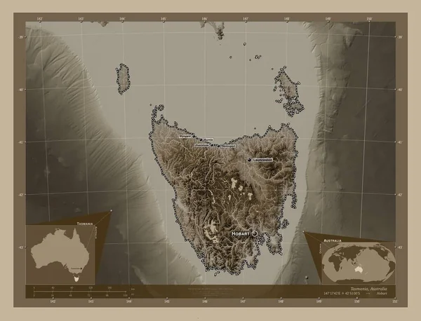 Tasmania Estado Australia Mapa Elevación Coloreado Tonos Sepia Con Lagos —  Fotos de Stock