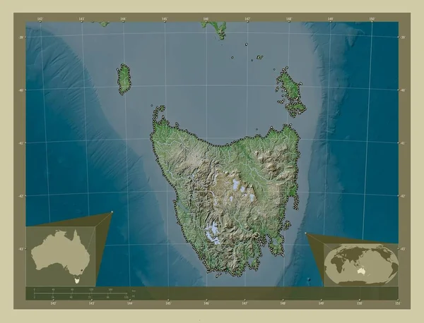 Tasmania Stan Australia Mapa Wzniesień Kolorowa Stylu Wiki Jeziorami Rzekami — Zdjęcie stockowe