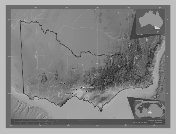 Victoria Staat Australië Grayscale Hoogte Kaart Met Meren Rivieren Locaties — Stockfoto