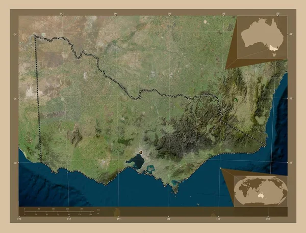 Βικτώρια Πολιτεία Της Αυστραλίας Δορυφορικός Χάρτης Χαμηλής Ανάλυσης Γωνιακοί Χάρτες — Φωτογραφία Αρχείου