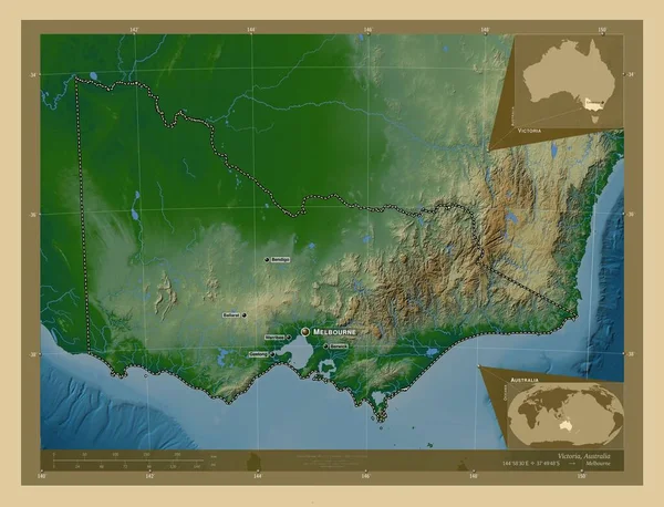 Victoria Ausztrália Állam Színes Domborzati Térkép Tavakkal Folyókkal Régió Nagyvárosainak — Stock Fotó