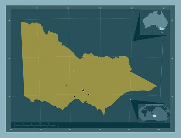オーストラリアのビクトリア州 しっかりした色の形 地域の主要都市の場所 コーナー補助位置図 — ストック写真
