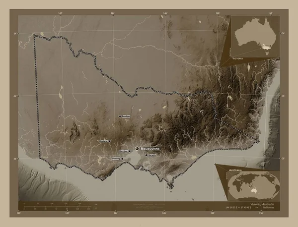 Victoria Stato Dell Australia Mappa Elevazione Colorata Toni Seppia Con — Foto Stock