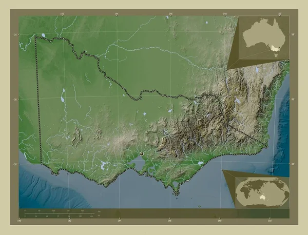 维多利亚州 澳大利亚 用Wiki风格绘制的带有湖泊和河流的高程地图 角辅助位置图 — 图库照片