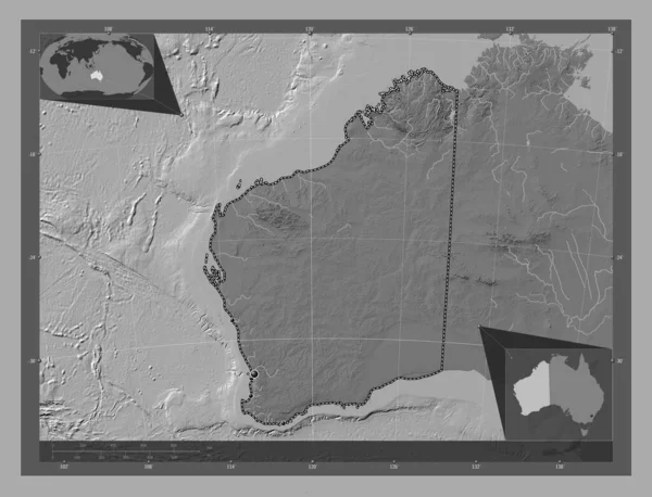 Zachodnia Australia Stan Australia Dwupoziomowa Mapa Jeziorami Rzekami Lokalizacje Dużych — Zdjęcie stockowe