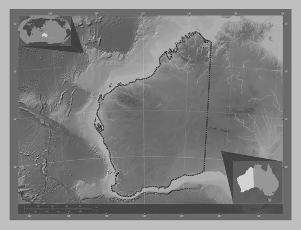 Nyugat Ausztrália Ausztrália Állam Szürkeárnyas Térkép Tavakkal Folyókkal Régió Nagyvárosainak — Stock Fotó