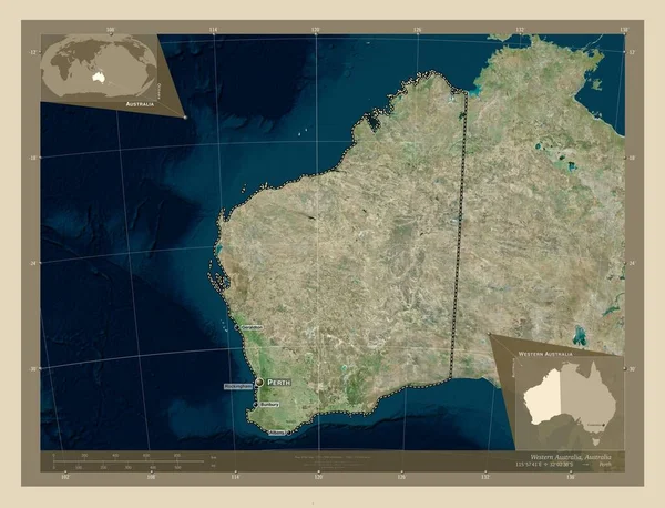 西オーストラリア州 オーストラリア州 高解像度衛星地図 地域の主要都市の位置と名前 コーナー補助位置図 — ストック写真