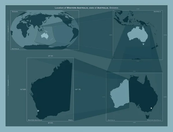 西オーストラリア州 オーストラリア州 大規模な地図上の領域の位置を示しています しっかりとした背景にベクトルフレームとPng形状の構成 — ストック写真