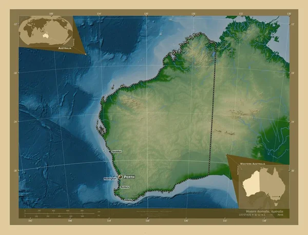 West Australië Staat Australië Gekleurde Hoogtekaart Met Meren Rivieren Locaties — Stockfoto
