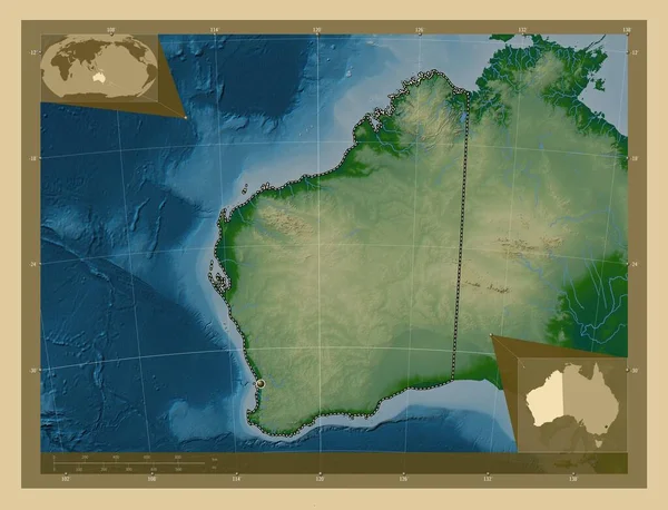 西澳大利亚 澳大利亚州 有湖泊和河流的彩色高程图 角辅助位置图 — 图库照片