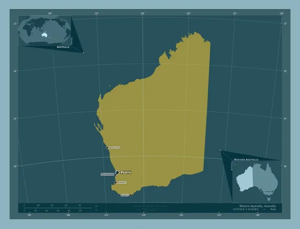 西オーストラリア州 オーストラリア州 しっかりした色の形 地域の主要都市の位置と名前 コーナー補助位置図 — ストック写真