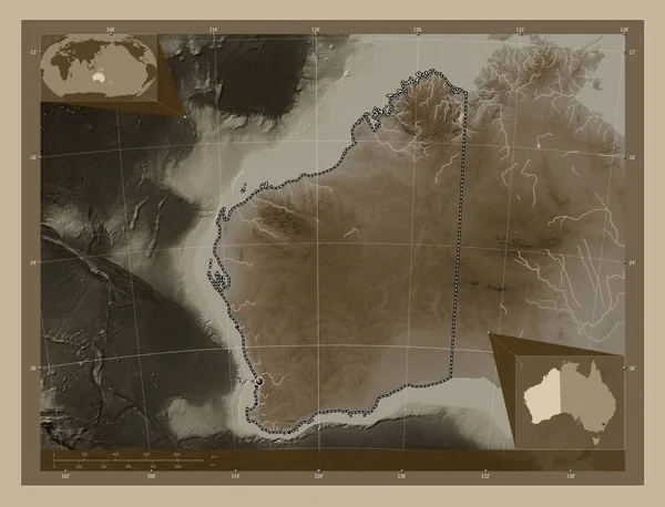Δυτική Αυστραλία Πολιτεία Της Αυστραλίας Υψόμετρο Χάρτη Χρωματισμένο Τόνους Σέπια — Φωτογραφία Αρχείου