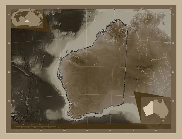 웨스턴오스트레일리아주 오스트레일리아 세피아 색으로 지도는 호수와 강으로 울려퍼진다 Corner Auxiliary — 스톡 사진