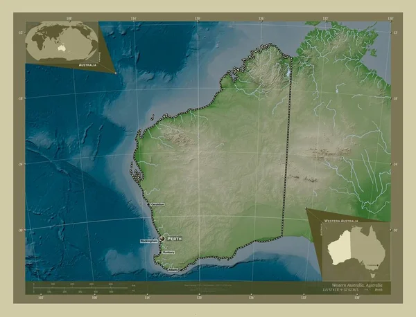 西澳大利亚 澳大利亚州 用Wiki风格绘制的带有湖泊和河流的高程地图 该区域主要城市的地点和名称 角辅助位置图 — 图库照片