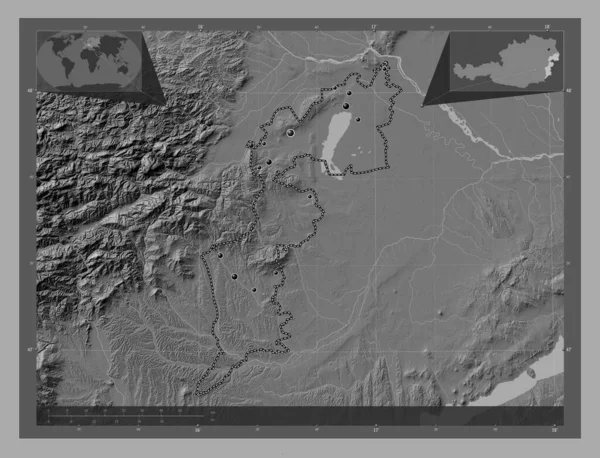 Burgenland Estado Austria Mapa Elevación Bilevel Con Lagos Ríos Ubicaciones —  Fotos de Stock