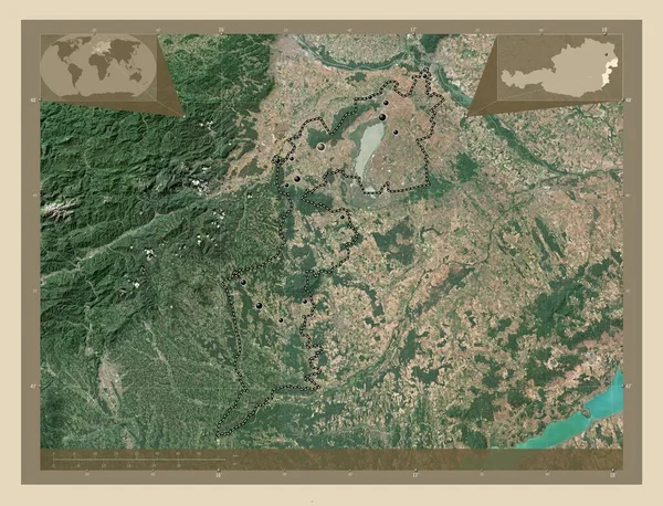ブルゲンラント オーストリアの州 高解像度衛星地図 地域の主要都市の場所 コーナー補助位置図 — ストック写真