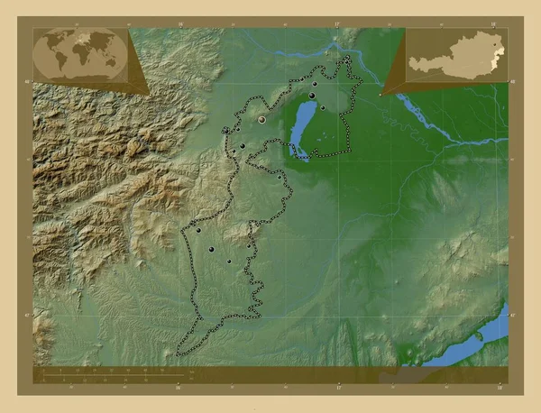Burgenland Πολιτεία Της Αυστρίας Χρωματιστός Υψομετρικός Χάρτης Λίμνες Και Ποτάμια — Φωτογραφία Αρχείου
