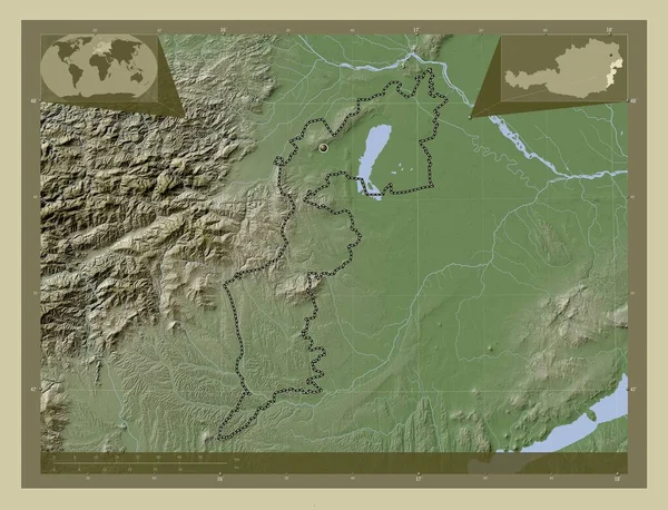 Burgenland Deelstaat Oostenrijk Hoogtekaart Gekleurd Wiki Stijl Met Meren Rivieren — Stockfoto