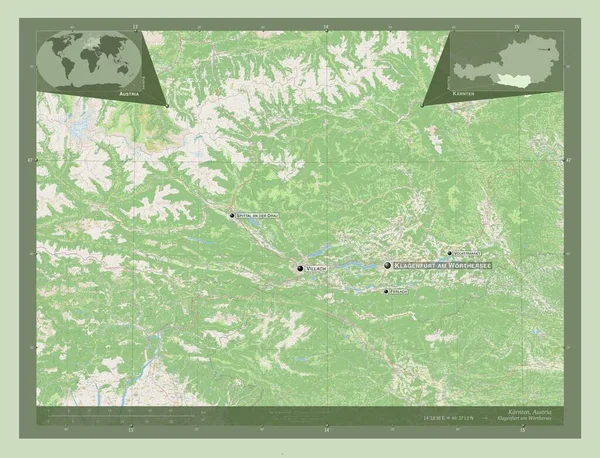 カーンテン オーストリアの州 ストリートマップを開く 地域の主要都市の位置と名前 コーナー補助位置図 — ストック写真