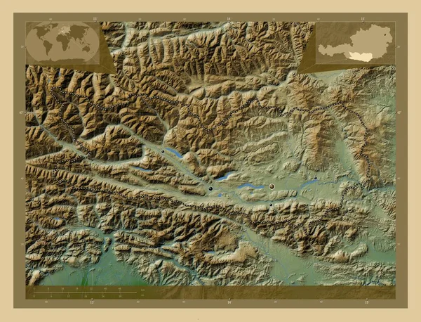 Карнтен Штат Австрия Цветная Карта Высоты Озерами Реками Места Расположения — стоковое фото