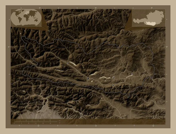 Karnten State Austria Elevation Map Colored Sepia Tones Lakes Rivers — Stock Photo, Image