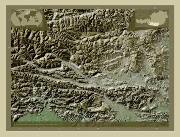 卡尔顿 奥地利国 用Wiki风格绘制的带有湖泊和河流的高程地图 角辅助位置图 — 图库照片